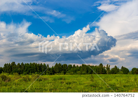 Fluffy white cumulus clouds drift across a vibrant blue sky above a lush green summer meadow and a distant line of forest trees on a beautiful sunny day Fluffy white cumulus clouds drift across a vibrant blue sky above a lush green summer meadow and a distant line of forest trees on a beautiful sunny day 140764752