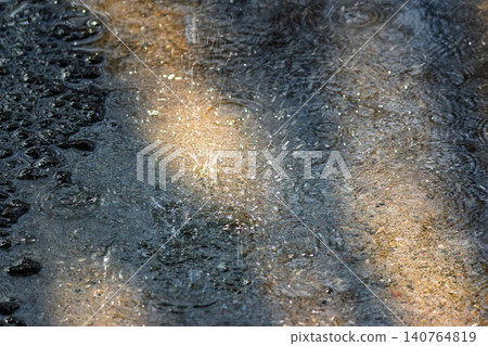 Shimmering meltwater drips onto rough concrete, creating sparkling splashes. Early spring thaw, vibrant light Shimmering meltwater drips onto rough concrete, creating sparkling splashes. Early spring thaw, vibrant light 140764819