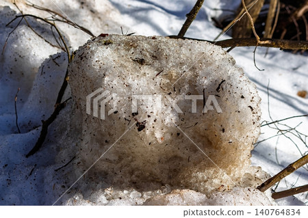 Sun-drenched dirty snow hunk melts, revealing gritty texture and embedded twigs. A symbol of spring's arrival, winter's slow surrender Sun-drenched dirty snow hunk melts, revealing gritty texture and embedded twigs. A symbol of spring's arrival, winter's slow surrender 140764834
