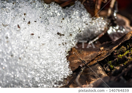 Sparkling spring snow melt shimmers brightly, revealing brown leaves underneath. Glistening icy crystals signal nature's gentle awakening under the warm sun 140764839