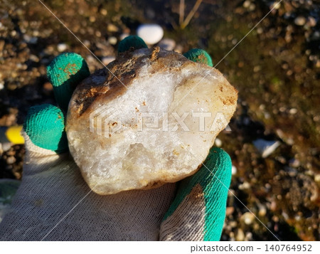Gloved hand holding a raw vein quartz pebble, freshly unearthed at a sunny quarry. Sparkling natural mineral specimen with earthy textures, a geological find Gloved hand holding a raw vein quartz pebble, freshly unearthed at a sunny quarry. Sparkling natural mineral specimen with earthy textures, a geological find 140764952