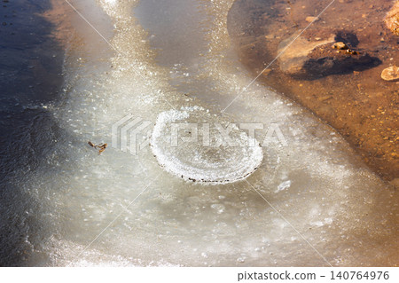 Melting ice creates abstract shapes in a clear puddle, a frozen beauty transitioning to liquid life Melting ice creates abstract shapes in a clear puddle, a frozen beauty transitioning to liquid life 140764976