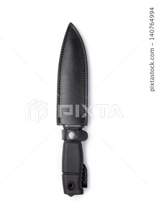 Tactical knife with black leather sheath. Professional survival tool with steel blade and rubber grip for hunting, camping or military use. Equipment for outdoor exploration and safety. Tactical knife with black leather sheath. Professional survival tool with steel blade and rubber grip for hunting, camping or military use. Equipment for outdoor exploration and safety. 140764994