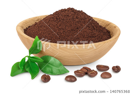 ground coffee in wooden bowl and coffee beans isolated on white background 140765368