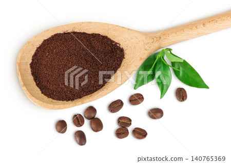 ground coffee in wooden spoon and coffee beans isolated on white background. Top view. Flat lay 140765369