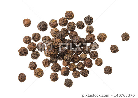 Black peppercorns or pepper isolated on a white background. Top view. Flat lay Black peppercorns or pepper isolated on a white background. Top view. Flat lay 140765370