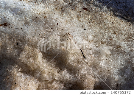Gritty, glistening dirty snow and melting ice close-up. A textural view of roadside slush, signifying winter's final days Gritty, glistening dirty snow and melting ice close-up. A textural view of roadside slush, signifying winter's final days 140765372