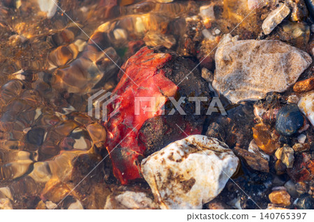 Vibrant red flint shard nestled in clear river water, surrounded by smooth pebbles 140765397