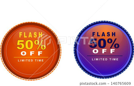 Two glossy circular flash sale badges offering 50% off for a limited time, one in orange and one in purple. 140765609