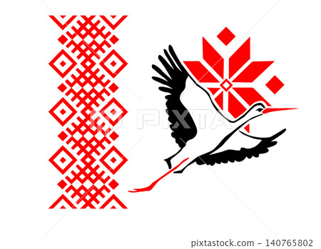 ornament for printing Slavic national with a flying stork. Hand drawn. Not AI, vector illustration. ornament for printing Slavic national with a flying stork. Hand drawn. Not AI, vector illustration. 140765802