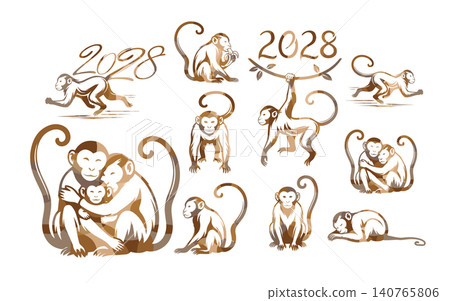 A large set of brown monkeys. Happy New year of the monkey 2028 greeting card for the Year of the monkey according to the Chinese calendar. Hand drawn. Not AI, vector illustration A large set of brown monkeys. Happy New year of the monkey 2028 greeting card for the Year of the monkey according to the Chinese calendar. Hand drawn. Not AI, vector illustration 140765806