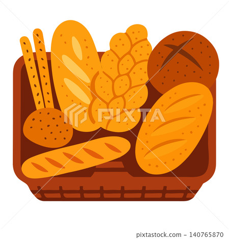 Colorful flat vector illustrations. Baguette, seeded rolls, braided bread, grissini, etc. Colorful flat vector illustrations. Baguette, seeded rolls, braided bread, grissini, etc. 140765870