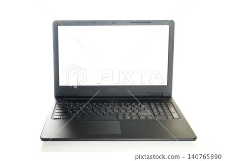 open black laptop with a glowing white screen located in the center frontally open black laptop with a glowing white screen located in the center frontally 140765890