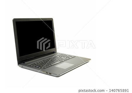 black open laptop is located at an angle in profile on a white background from the side black open laptop is located at an angle in profile on a white background from the side 140765891