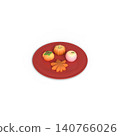 Autumn-themed Japanese sweets served on a red plate with a transparent background. Traditional nerikiri cutouts in the shapes of persimmons, pumpkins, and maple leaves. 140766026