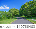 A park walking path surrounded by blue skies and fresh greenery, perfect for walking and cycling. 140766483