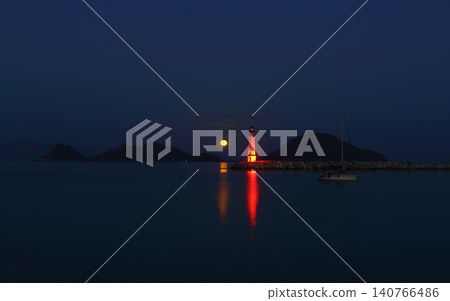 Seaside town of Turgutreis and spectacular sunsets. With full moon. Seaside town of Turgutreis and spectacular sunsets. With full moon. 140766486