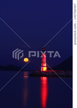 Seaside town of Turgutreis and spectacular sunsets. With full moon. 140766487