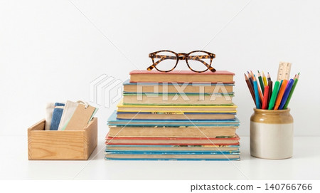 Stack of old books with reading glasses and colored pencils education literature stationery knowledge accessories learning academic research equipment organized supplies creative studying Stack of old books with reading glasses and colored pencils education literature stationery knowledge accessories learning academic research equipment organized supplies creative studying 140766766