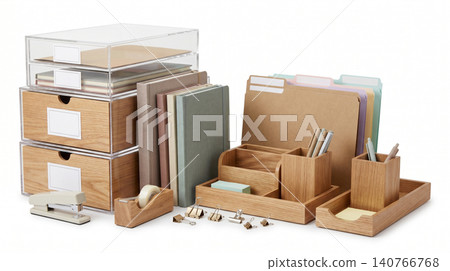 Organized wooden desktop office supplies and stationery set with organizer stationery workspace business professional supplies management corporate accessories document equipment container Organized wooden desktop office supplies and stationery set with organizer stationery workspace business professional supplies management corporate accessories document equipment container 140766768