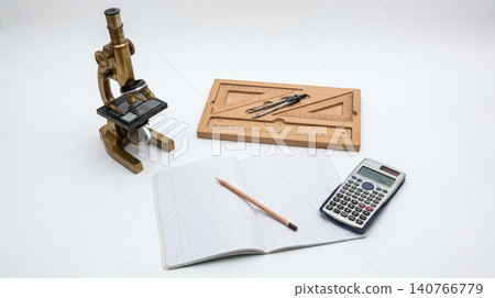 Scientific and mathematical study equipment with microscope and calculator microscope mathematics calculator geometry notebook research education laboratory engineering academic learning Scientific and mathematical study equipment with microscope and calculator microscope mathematics calculator geometry notebook research education laboratory engineering academic learning 140766779