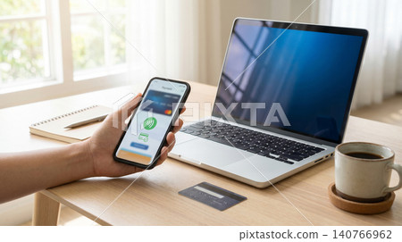 Online secure credit card payment on mobile phone with smartphone transaction shopping technology business internet confirmation verified commerce purchase checkout computer workspace Online secure credit card payment on mobile phone with smartphone transaction shopping technology business internet confirmation verified commerce purchase checkout computer workspace 140766962