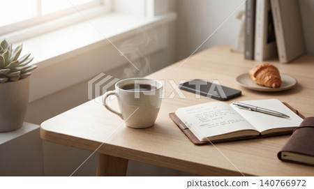 Cozy morning coffee and pastry breakfast setup on wooden desk with breakfast croissant notebook smartphone beverage workplace caffeine relaxation lifestyle interior communication technology Cozy morning coffee and pastry breakfast setup on wooden desk with breakfast croissant notebook smartphone beverage workplace caffeine relaxation lifestyle interior communication technology 140766972