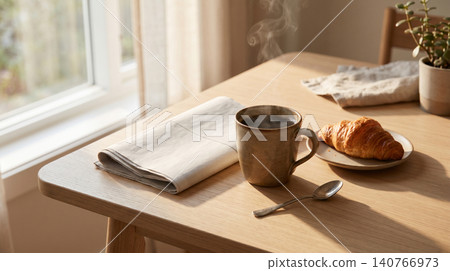 Warm morning setting with coffee cup and croissant on wooden table croissant newspaper breakfast steaming sunlight beverage relaxing lifestyle peaceful inviting aesthetic tabletop 140766973