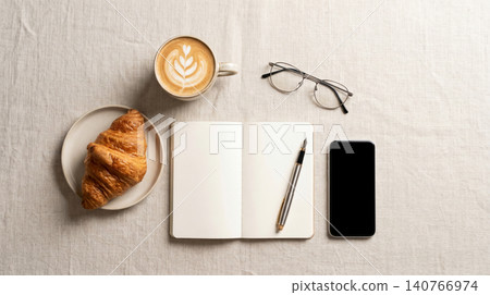 Top down view of notebook with pen and morning breakfast essentials notebook croissant smartphone eyeglasses breakfast stationery organizer business planning tablecloth minimalist overhead Top down view of notebook with pen and morning breakfast essentials notebook croissant smartphone eyeglasses breakfast stationery organizer business planning tablecloth minimalist overhead 140766974