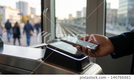 Commuter using mobile phone to pay for train station fare gate with smartphone commuter contactless transportation technology transaction business electronic passenger purchase terminal Commuter using mobile phone to pay for train station fare gate with smartphone commuter contactless transportation technology transaction business electronic passenger purchase terminal 140766981