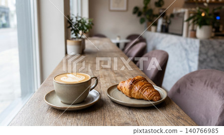 Morning coffee and croissant on rustic wooden cafe table with croissant breakfast beverage caffeine lifestyle interior atmosphere restaurant hospitality relaxation enjoyment aesthetic Morning coffee and croissant on rustic wooden cafe table with croissant breakfast beverage caffeine lifestyle interior atmosphere restaurant hospitality relaxation enjoyment aesthetic 140766985