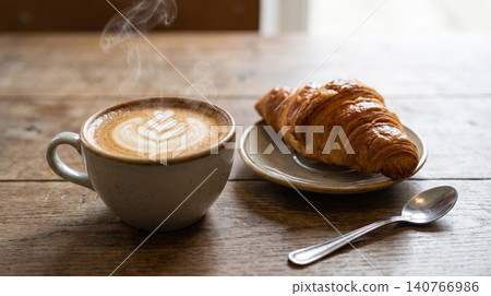 Fresh morning coffee cup with flaky croissant pastry on wooden table croissant breakfast steaming caffeine beverage delicious inviting appetizing culinary lifestyle refreshment Fresh morning coffee cup with flaky croissant pastry on wooden table croissant breakfast steaming caffeine beverage delicious inviting appetizing culinary lifestyle refreshment 140766986