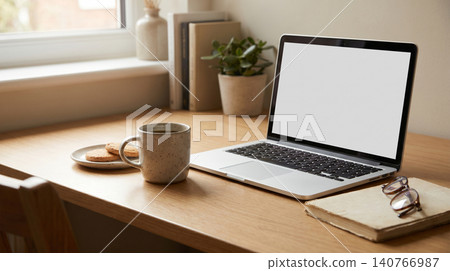 Modern laptop computer and coffee mug on minimalist wooden desk with computer workspace minimalist technology business notebook interior productivity creative contemporary lifestyle Modern laptop computer and coffee mug on minimalist wooden desk with computer workspace minimalist technology business notebook interior productivity creative contemporary lifestyle 140766987