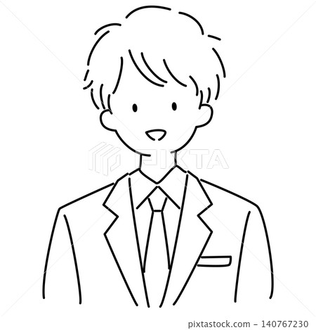 A line drawing illustration of the upper body of a young male office worker wearing a suit. A line drawing illustration of the upper body of a young male office worker wearing a suit. 140767230