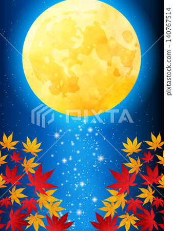 Moon viewing background, cute, illustration, full moon, fifteenth night of the lunar month, autumn leaves, Milky Way, vertical Moon viewing background, cute, illustration, full moon, fifteenth night of the lunar month, autumn leaves, Milky Way, vertical 140767514