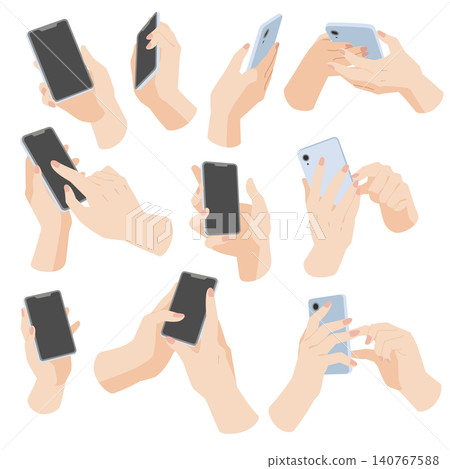 10 different illustrations of hands operating a smartphone. 10 different illustrations of hands operating a smartphone. 140767588