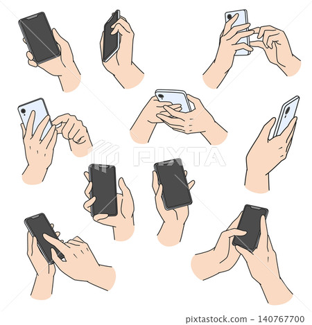 10 different illustrations of hands operating a smartphone. 10 different illustrations of hands operating a smartphone. 140767700
