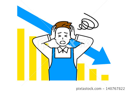 A graph showing a decline and a man in an apron holding his head in worry. A graph showing a decline and a man in an apron holding his head in worry. 140767822