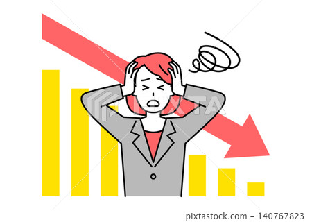 A woman in a suit with a worried expression on a declining graph. A woman in a suit with a worried expression on a declining graph. 140767823