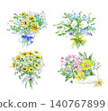 一組水彩風格的插畫，描繪了一束色彩繽紛的夏日鮮花。 140767899