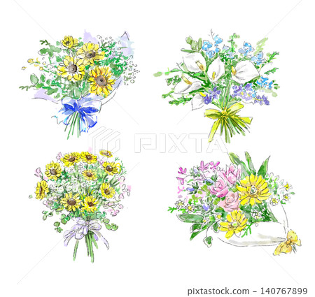 一組水彩風格的插畫,描繪了一束色彩繽紛的夏日鮮花。 一組水彩風格的插畫,描繪了一束色彩繽紛的夏日鮮花。 140767899
