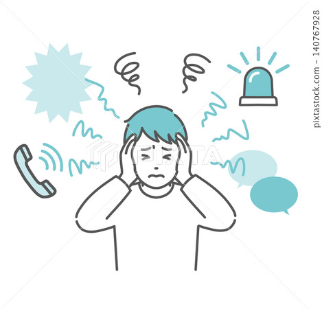 圖中描繪了一位患有自閉症譜系障礙(ASD)的男子,他患有聽覺過敏症,容易受到周圍聲音的困擾。 圖中描繪了一位患有自閉症譜系障礙(ASD)的男子,他患有聽覺過敏症,容易受到周圍聲音的困擾。 140767928