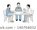 Line drawing illustration of business people discussing something in a business meeting. 140768032