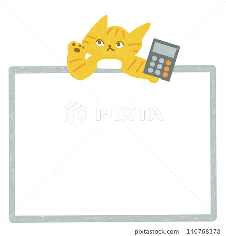 A memo frame illustration of a tabby cat holding a calculator. A memo frame illustration of a tabby cat holding a calculator. 140768378