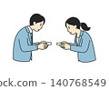 Line drawing illustration of business people exchanging business cards (business etiquette) 140768549