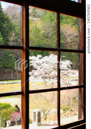 Spring cherry blossoms viewed through retro, wavy glass. A nostalgic scene seen from a classroom in the former Fukiya Elementary School. Spring cherry blossoms viewed through retro, wavy glass. A nostalgic scene seen from a classroom in the former Fukiya Elementary School. 140768962