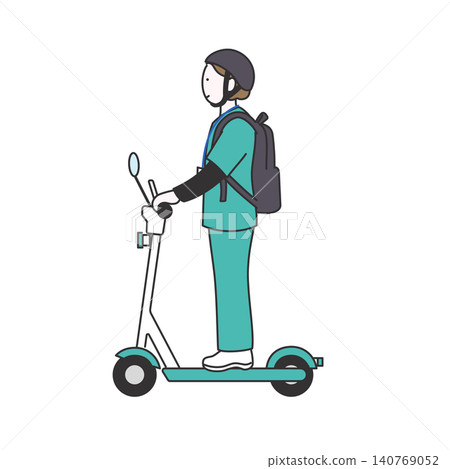 An illustration depicting a visiting nurse traveling on an electric scooter. 140769052