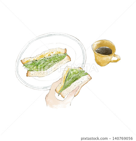 一幅手繪水彩風格的插圖,描繪了三明治和咖啡早餐。 一幅手繪水彩風格的插圖,描繪了三明治和咖啡早餐。 140769056