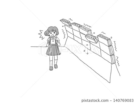 一幅防災插圖(黑白單色手繪風格),描繪了混凝土牆倒塌時女孩逃脫的場景。 一幅防災插圖(黑白單色手繪風格),描繪了混凝土牆倒塌時女孩逃脫的場景。 140769083