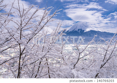 A snowy landscape of Mt. Fuji and the Chureito Pagoda as seen from Arakurayama Sengen Park. A snowy landscape of Mt. Fuji and the Chureito Pagoda as seen from Arakurayama Sengen Park. 140769203